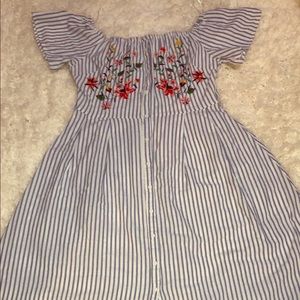 Off the shoulder dress.